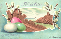 EASTER, HOLIDAY, CELEBRATION, CASTLE, ARCHITECTURE, EGGS, FLOWERS, SWITZERLAND, SIGNED, EMBOSSED POSTCARD - Pâques
