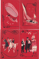 Série 4 Cartes Illustrateur 1900 Dirigeable Santos Dumond Audax, Course A L'hippodrome, Bateau A Voile Et Au Restaurant - 1900-1949