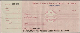 Portugal, Cheque - Banco Espirito Santo E Comercial De Lisboa. Rossio, Lisboa - Chèques & Chèques De Voyage