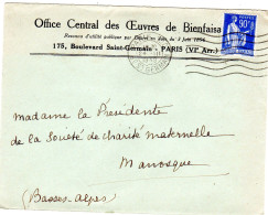 1939  " OFFICE CENTRAL Des OEUVRES De BIENFAISANCE " PARIS VI° " Envoyée à MANOSQUE - Lettres & Documents