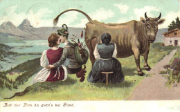 HUMOUR, WOMAN MILKING COW, YOUNG MAN WITH HAT KISSES WOMAN, SWITZERLAND, POSTCARD - Humor