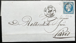 N°14 20c BLEU NAPOLEON TYPE 2 SUR LETTRE / MARSEILLE POUR PARIS / 7 JUIN 1862  PLANCHAGE 129B1 / BANQUE ROTHSCHILD / LSC - 1849-1876: Klassik