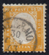 REGNO D'ITALIA  1862  Re Vitt. Emanuele III  - Sassone 80 Cent Giallo Arancio, N. 4. Annullato. Certificato. - Usati