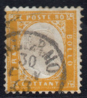 REGNO D'ITALIA  1862  Re Vitt. Emanuele III  - Sassone 80 Cent Giallo Arancio, N. 4. Annullato. Certificato. - Gebraucht