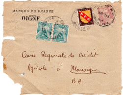 1947  "  BANQUE DE FRANCE  DIGNE  "  Taxe Paire Gerbes 2f Bleu + Blason Touraine 50c + Gandon  4f  ( état ) - Covers & Documents