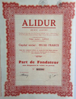 Alidur - Liège - 1938 - Part De Fondateur - Bergbau