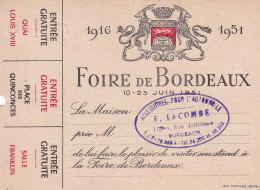 Entrée Foire De Bordeaux 1951 - Biglietti D'ingresso