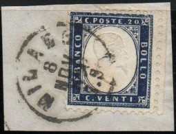 REGNO D'ITALIA  1862  Re Vitt. Emanuele III  - 20 Cent Indaco Bolaffi 2a,con Il Timbro Circolare . "Milano 8 Nov.62 7.S" - Used