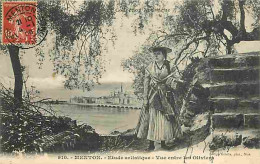 06 - Menton - Etude Artistique - Vue Entre Les Oliviers - Animée - Mentonnaise - Folklore - Oblitération Ronde De 1908 - - Menton