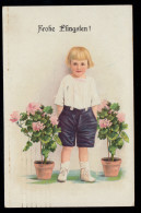 AK Glückwünsche Pfingsten: Kind Mit Zwei Blumentöpfen, DUISBURG 13.5.1921 - Other & Unclassified
