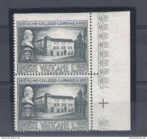 1957 VATICANO - N° 225a Capranica 35 Lire Ardesia Non Dentellato In Alto In Coppia Con Il Francobollo Normale , Firma A - Variétés & Curiosités