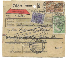 Germany Inflation Paketkarte Weimar Nach Altorf Schweiz  16.8.1920 (some Stamps Damaged) - Storia Postale