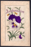 +++ CPA Fantaisie - Brodée - Anniversaire - Fleur - Pensée  // - Bordados