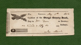 USA Check Otsego County Bank Cooperstown New York 1832 - Autres & Non Classés