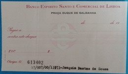 Portugal, Cheque - Banco Espirito Santo E Comercial De Lisboa. Praça Duque De Saldanha, Lisboa - Assegni & Assegni Di Viaggio