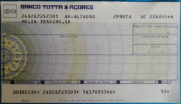 Portugal, Cheque - Banco Totta & Açores. Av. Aliados, Porto - Chèques & Chèques De Voyage