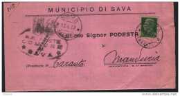 1937  LETTERA CON ANNULLO  SAVA TARANTO - Marcofilie