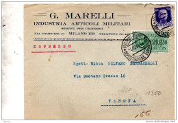 1934   LETTERA ESPRESSO CON ANNULLO  MILANO   -  INDUSTRIA ARTICOLI MILITARI - Marcofilía