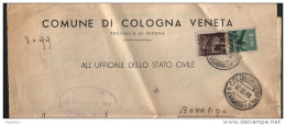 1949    LETTERA CON ANNULLO  COLOGNA VENETA VERONA - 1946-60: Marcofilia