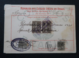 Brèsil Brasil Mandat Vale Postal 1921 Barbacena Minas Gerais Timbre Fiscal Deposito Brazil Money Order Revenue Stamp - Covers & Documents