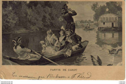 Carte Fantaisie Partie De Canot Hommes Femmes Guitare Costume Chien Canard VOIR DOS Non Séparé Vers 1905 Illustrateur ? - Autres & Non Classés