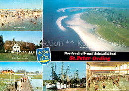 73258067 St Peter-Ording Strandpartie Altes Friesenhaus Seebruecke Fliegeraufnah - St. Peter-Ording