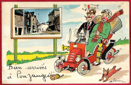 Rare CPA 85 "Bien Arrivés à POUZAUGES" Vendée - Illustrateur Jean De PREISSAC (tacot Automobile) - Pouzauges