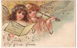 N°24988 - Nouvel An - Carte Avec Paillettes - Anges, L'un Jouant Du Violon  - Nieuwjaar