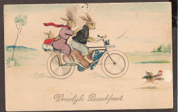 Joyeuses Pâques - La Famille Lièvre Sur Le Vélo -  Jolie CPA 1928  - Vintage Card - Pasqua