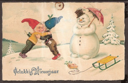 Bonne Année - Des Gnomes Et L'homme De Neige - Jolie CPA 1928  - Vintage Card - Nieuwjaar