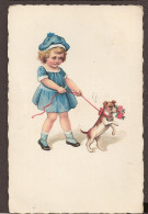 Petite Fille Avec Son Chien - Jolie Carte Postale Ancienne 1928 - Vintage Card - Disegni Infantili