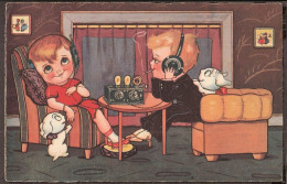 Des Enfants Avec Le Radio Et Des Petits Chiens  - Jolie  CPA 1932 - Vintage Card - Children's Drawings