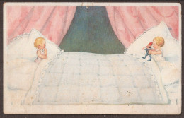 Des Enfants Jouent Avec La Poupée Dans Un Grand Lit - Jolie CPA - Vintage Card - Children's Drawings