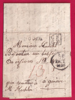 MARQUE 67 STRASBOURG BAS RHIN ACHEMINEE ALLEMAGNE POUR GENEVE SUISSE CF6D TAXE ROUGE 13 LETTRE - 1801-1848: Voorlopers XIX