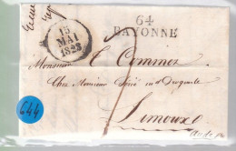 Lettre Dite Précurseurs  Sur Lettre   64 Bayonne  Dateur A  15 Mai 1828  Destination Limoux Aude - 1801-1848: Precursori XIX