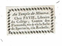 Carte Visite étiquette Ex Libris AU TEMPLE DE MINERVE PAVIE Libraire La Rochelle Société Archéologique Le Vieux Papier - Tarjetas De Visita