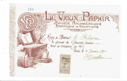 Reçu 1910 Cotisation à La Société Historique Et Archéologique Le Vieux Papier PHELIPEAU - 1900 – 1949