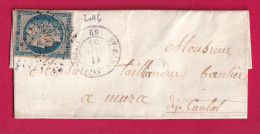 N°4 BLEU SUR JAUNATRE PC 3096 ST GERMAIN LEMBRON PUY DE DOME 1852 POUR MURAT CANTAL LETTRE - 1849-1876: Période Classique