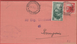 ITALIA - Storia Postale Repubblica - 1951 - 10 Italia Al Lavoro + 3 Democratica - Corrispondenza Tra Sindaci - Comune - - 1946-60: Poststempel