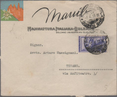 ITALIA - Storia Postale Repubblica - 1951 - 20 Italia Al Lavoro (Isolato) - Lettera - MANIB - Viaggiata Da Bolzano Per T - 1946-60: Marcofilie