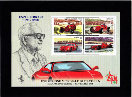 ITALIA 1998, Expo Mondiale Filatelia Italia '98, Foglietto Ferrari, Enzo Ferrari, Automobili, Sport - Briefmarkenausstellungen