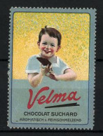 Reklamemarke Velma Chocolat Suchard, Aromatisch Und Feinschmelzend, Knabe Mit Schokoladentafel  - Erinnofilia