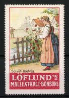 Reklamemarke Löflund's Nähr-Maltose, Serie: Schwäbische Trachten, Frau Steht Am Gartenzaun  - Vignetten (Erinnophilie)