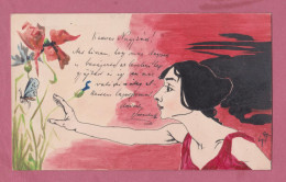 Unghery- Hand Painted Post Card- Lady With Butterflies And Flowers. Small Size, Back Not Divided, - Autres & Non Classés