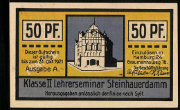 Notgeld Hamburg 1921, 50 Pfennig, Klasse II Lehrerseminar Steinhauerdamm, Syltreise, Segelschiff, Eisenbahn  - [11] Emissions Locales