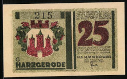 Notgeld Harzgerode 1921, 25 Pfennig, Strassenpartie M. Altem Haus, Masken, Wappen  - [11] Emissioni Locali