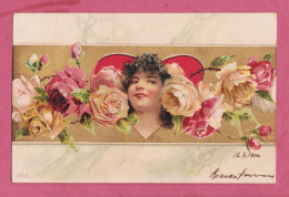 Art Noveau- Roses And A Faces Of A Girl. Lithographic- Small Size Post Card, Back Not Divided, - Otros & Sin Clasificación