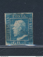 1859 SICILIA, N° 6 - 2 Grana Azzurro, I Tavola , Ritocco N° 71 Azzurro USATO - Firmato Sorani - Sizilien