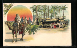 Lithographie Ägypten, Liegende Kolossal-Statue, Karawane  - Autres & Non Classés