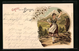 Lithographie Bergen, Junge Frau In Lokaler Tracht  - Costumes